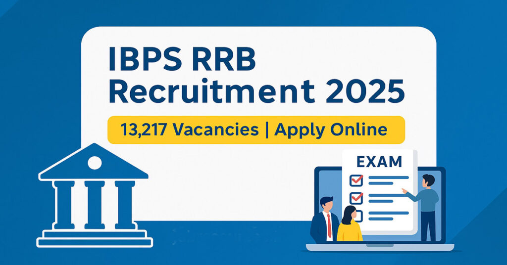 IBPS RRB 2025 recruitment notification banner with exam checklist, candidates, and banking sector illustration.