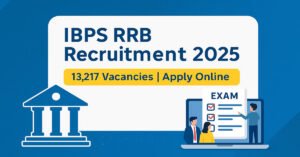 IBPS RRB Recruitment 2025 featured image showing 13217 vacancies announcement banking icon candidates and online exam illustration