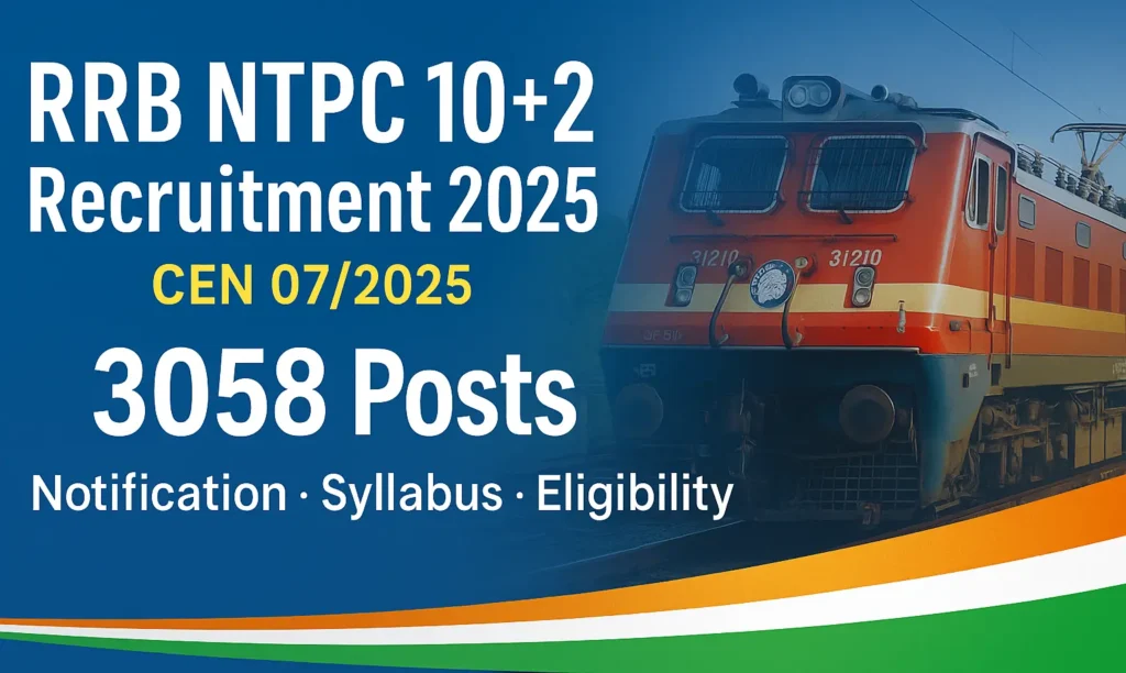 RRB NTPC 10 2 Recruitment 2025 banner with CEN 07 2025 notification details 3058 posts and information on eligibility syllabus and exam dates with Indian train background