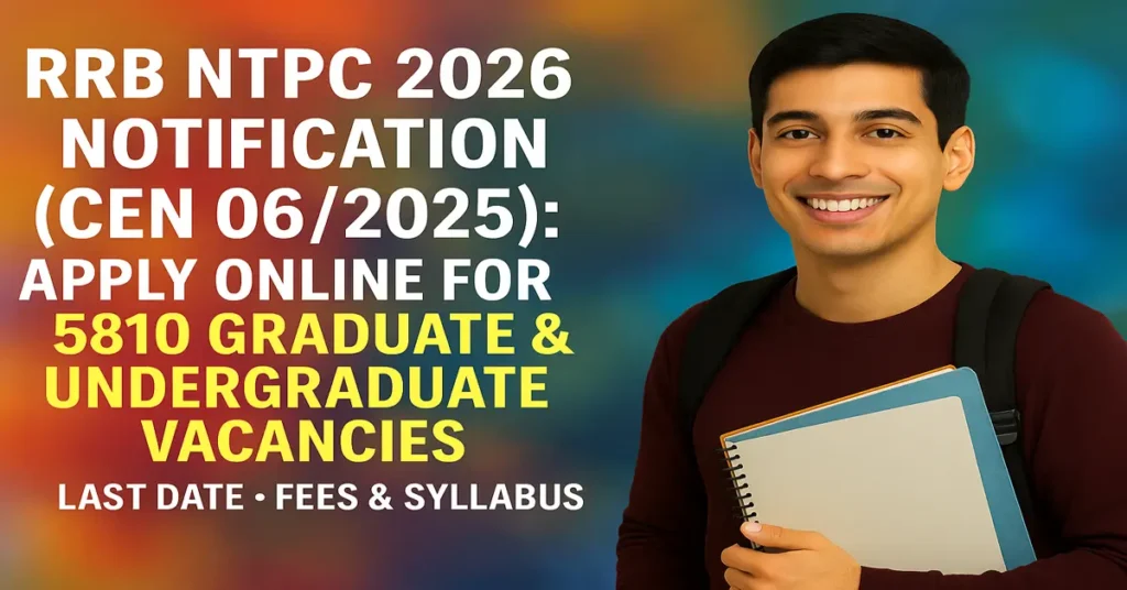 RRB NTPC 2026 Notification CEN 06 2025 Apply Online for 5810 Graduate and Undergraduate Vacancies RRB NTPC 2026 Notification CEN 06 2025 apply online banner showing Railway Recruitment Board vacancies eligibility and registration details