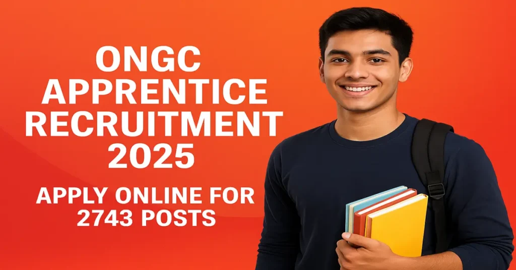 ongc-apprentice-recruitment-2025-featured-image-jobnotice A smiling student holding books against a bright red orange background promoting ONGC Apprentice Recruitment 2025 Apply Online for 2743 Posts