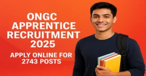 A smiling student holding books against a bright red orange background promoting ONGC Apprentice Recruitment 2025 Apply Online for 2743 Posts