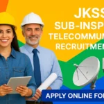 Realistic engineers standing in front of colourful telecom themed background with antennas highlighting JKSSB Sub Inspector Telecommunication Recruitment 2025