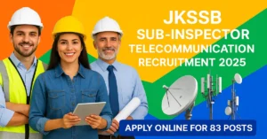 Realistic engineers standing in front of colourful telecom themed background with antennas highlighting JKSSB Sub Inspector Telecommunication Recruitment 2025