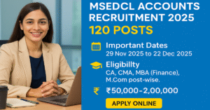 MSEDCL Accounts Recruitment 2025 featured image showing a professional woman in an office with highlighted details of 120 posts important dates eligibility and apply online button