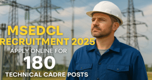 MSEDCL Recruitment 2025 featured image showing a technical engineer in safety gear at an electrical substation highlighting 180 Technical Cadre posts
