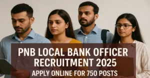 Four Indian job seekers holding resumes standing confidently with a banner text PNB Local Bank Officer Recruitment 2025  Apply Online for 750 Posts in maroon and gold