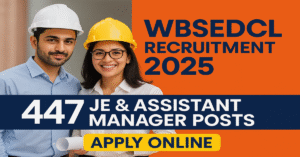Two young engineers wearing safety helmets standing confidently with documents alongside WBSEDCL Recruitment 2025 announcement showing 447 JE and Assistant Manager posts with an Apply Online button