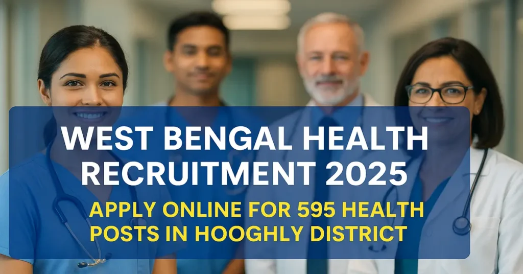 Image of West Bengal Health Recruitment 2025 showing doctors and nurses in a hospital background representing 595 contractual vacancies in Hooghly District under NHM NUHM and AYUSH