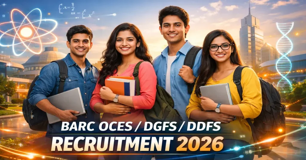 Student focused featured image for BARC OCES DGFS DDFS Recruitment 2026 showing young Indian engineering and science students in a modern research campus