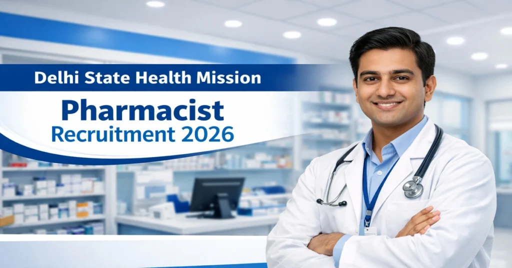 Delhi State Health Mission Pharmacist Recruitment 2026 featured image showing pharmacist job vacancies under PM ABHIM in Delhi