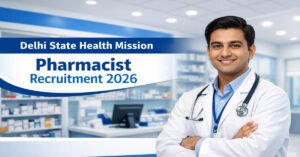 Delhi State Health Mission Pharmacist Recruitment 2026 featured image showing pharmacist job vacancies under PM ABHIM in Delhi