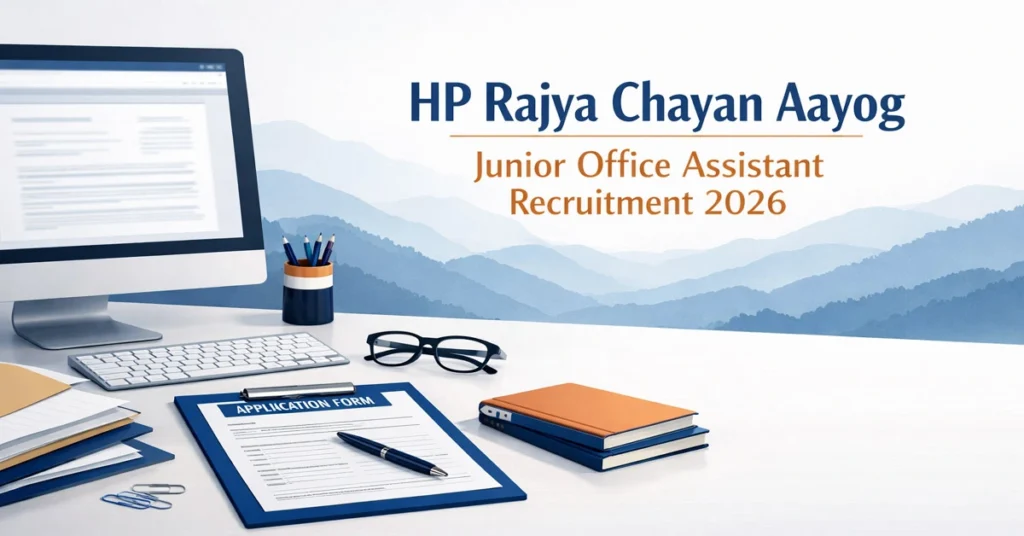 HP Rajya Chayan Aayog Junior Office Assistant Recruitment 2026 featured image showing office desk, computer and Himachal Pradesh theme for government job notification.