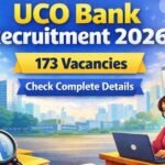 Simple colorful illustration of job aspirants standing outside an examination centre holding documents for UCO Bank recruitment and online job application