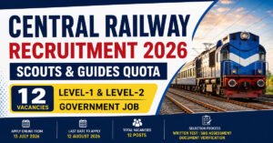 Central Railway Scouts  Guides Quota Recruitment 2026 featured image for 12 Level 1 and Level 2 vacancies apply online from 13 July to 12 August 2026