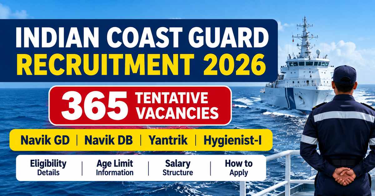 Indian Coast Guard Recruitment 2026 Indian Coast Guard Recruitment 2026 365 Vacancies for Navik GD Navik DB Yantrik and Hygienist I